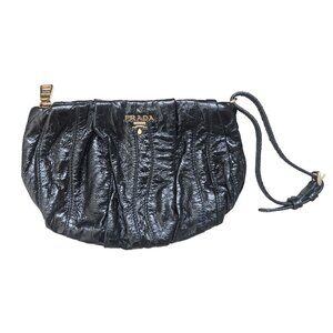 PRADA Black Patent Leather NAPLAK Nappa Gaufre Pleated Mini Clutch Wristlet Bag